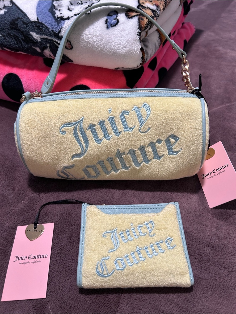 Juicy Couture yellow pear pastel turquoise juicy II barrel bag & wallet set